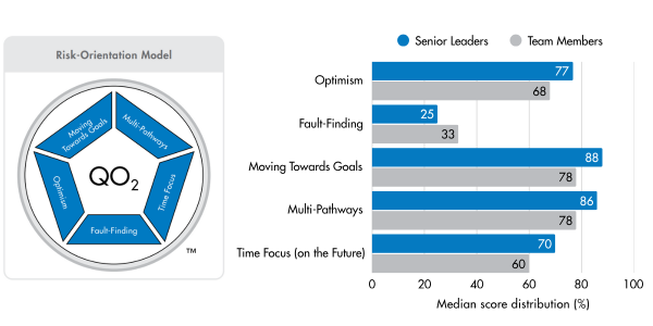 QO2 Risk-Orientation Model and bar chart comparing Senior Leaders vs Team Members on optimism, fault-finding, goals, pathways, and future focus.